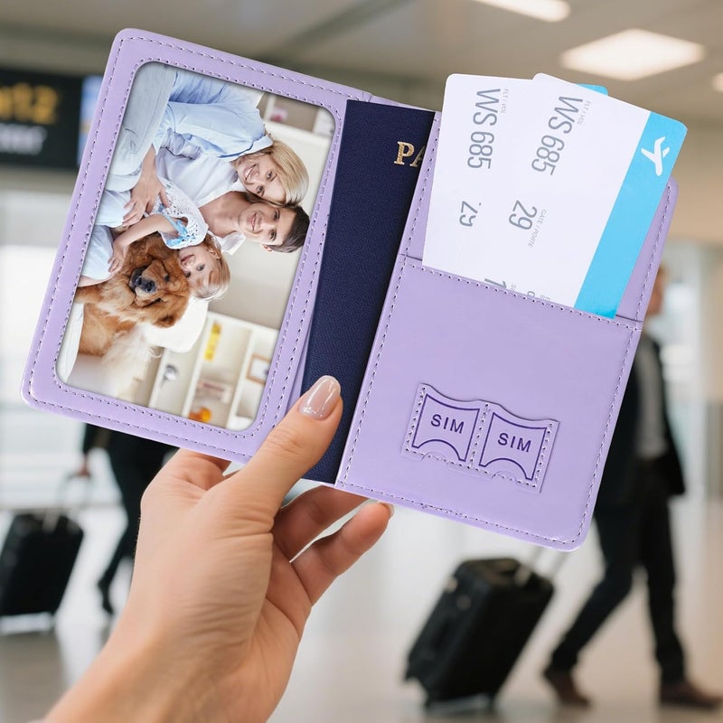 RHOttbiy Passport Holder for Travel, RFID Blocking Passport Cover with Pen Holder Leather Passport Wallet Case Travel Must Haves Accessories Passport Book Card Holder for Family Travel Essentials Gifts, Purple - Image 2